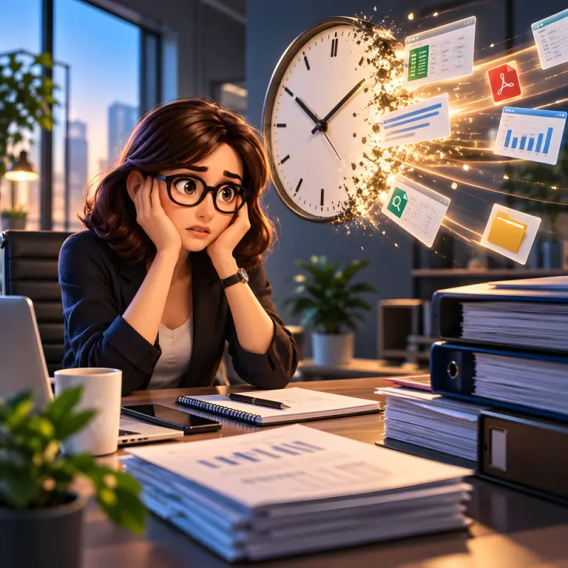 Une dirigeante débordée devant des piles de dossiers, une horloge et des documents qui s’envolent derrière elle.