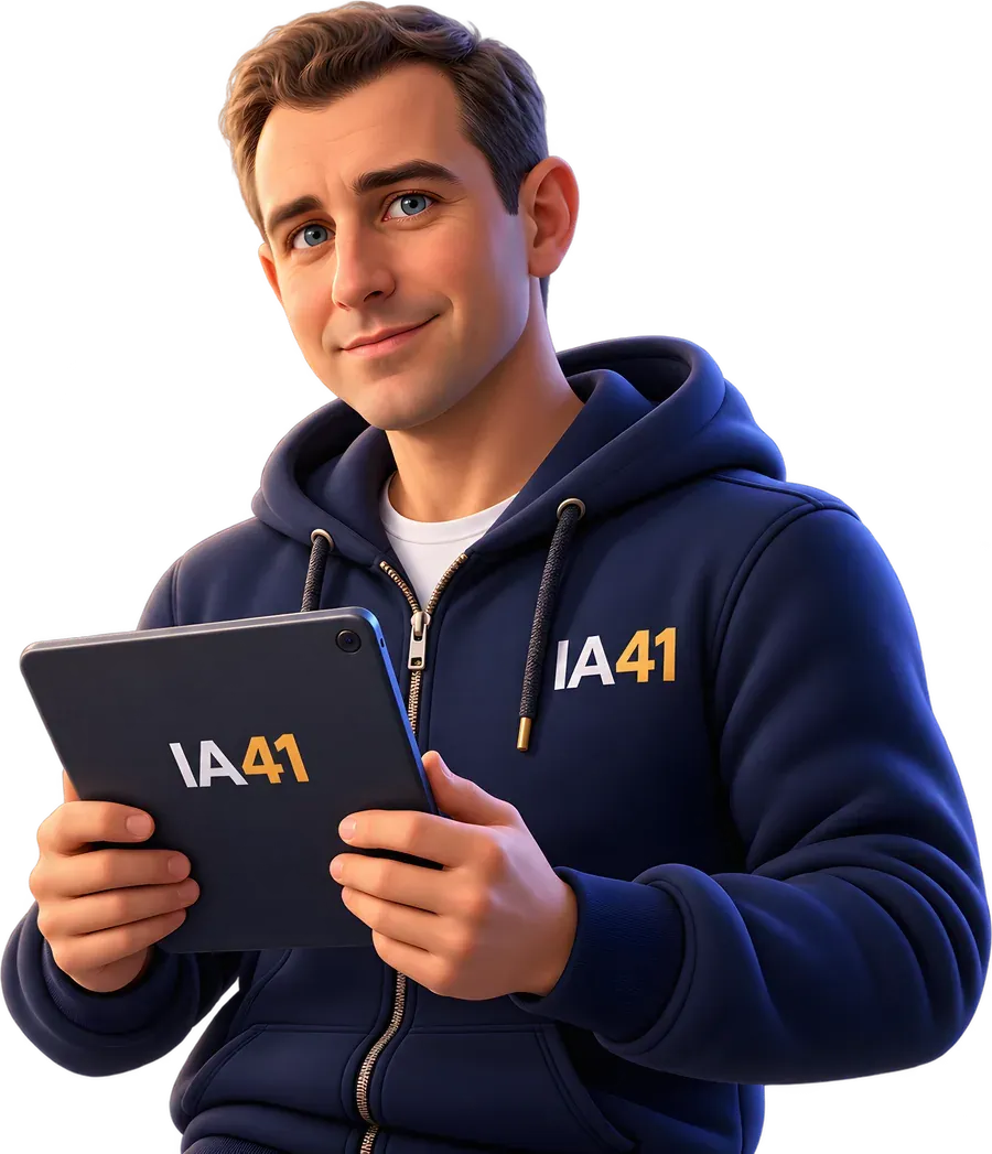 Willy, fondateur d'IA41, debout en sweat IA41 avec une tablette.